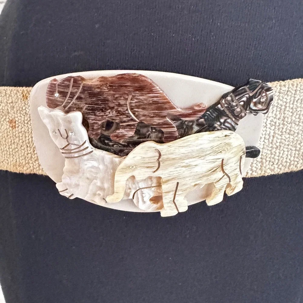 Vintage‎ Resin Animal Carved Rhinestone Eyes Belt Old Elastic Woven Waistband M